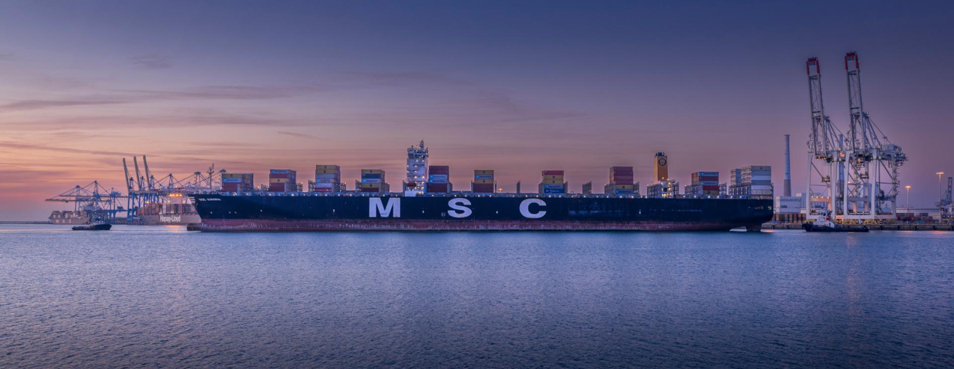 vue d'un porte-conteneurs MSC en évitage à Port 2000