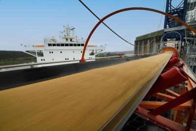 Chargement d’un navire de céréales depuis un tapis roulant chez MRM au port de Rouen - Agrandir l'image 3 sur 3, fenêtre modale