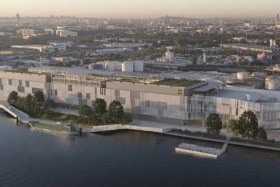 Vue en 3D du futur entrepôt Green Dock de Goodman sur le port de Gennevilliers - Agrandir l'image, fenêtre modale