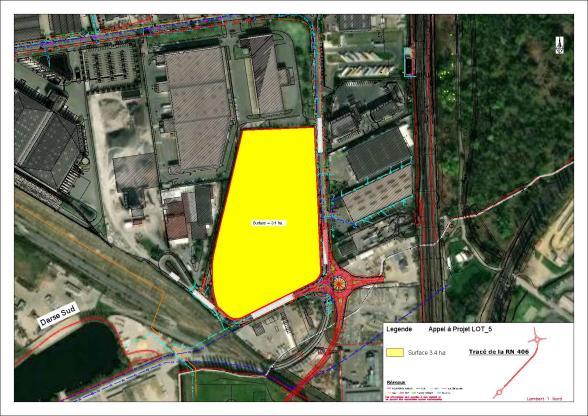 Schéma de la parcelle de 3,4 ha disponible sur le port de Bonneuil ; on y voit également le rond-pont d'accès à la future nouvelle entrée du port. - Enlarge image, modal window