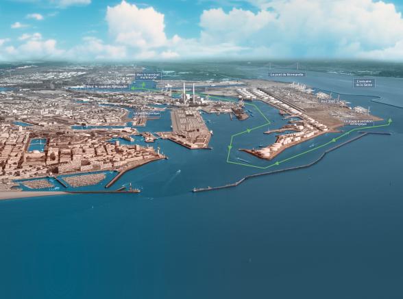 vue aérienne sur le port du Havre et notamment de l'accès fluvial créé pour accéder à Port 2000 - Agrandir l'image, fenêtre modale