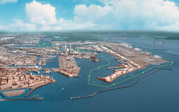 Vue aérienne du chantier de la "chatière", véritable chenal maritime qui améliore l'accès fluvial à Port 2000 - Enlarge image, modal window