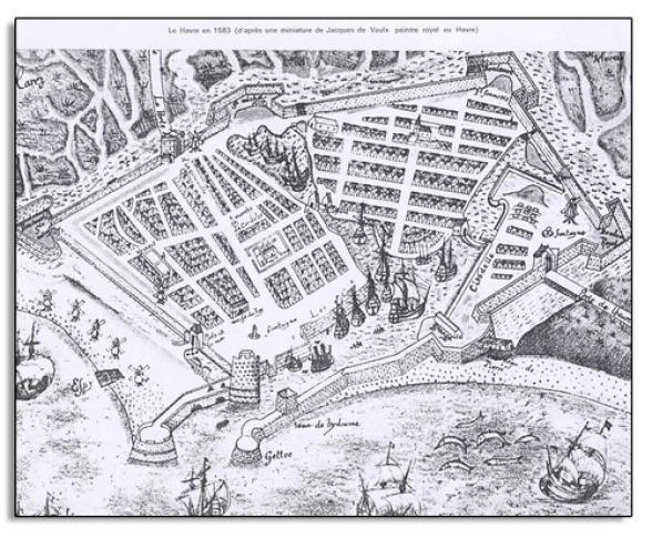 Le Havre en 1583 d'après une miniature de Jacques de Vaulx - Agrandir l'image, fenêtre modale